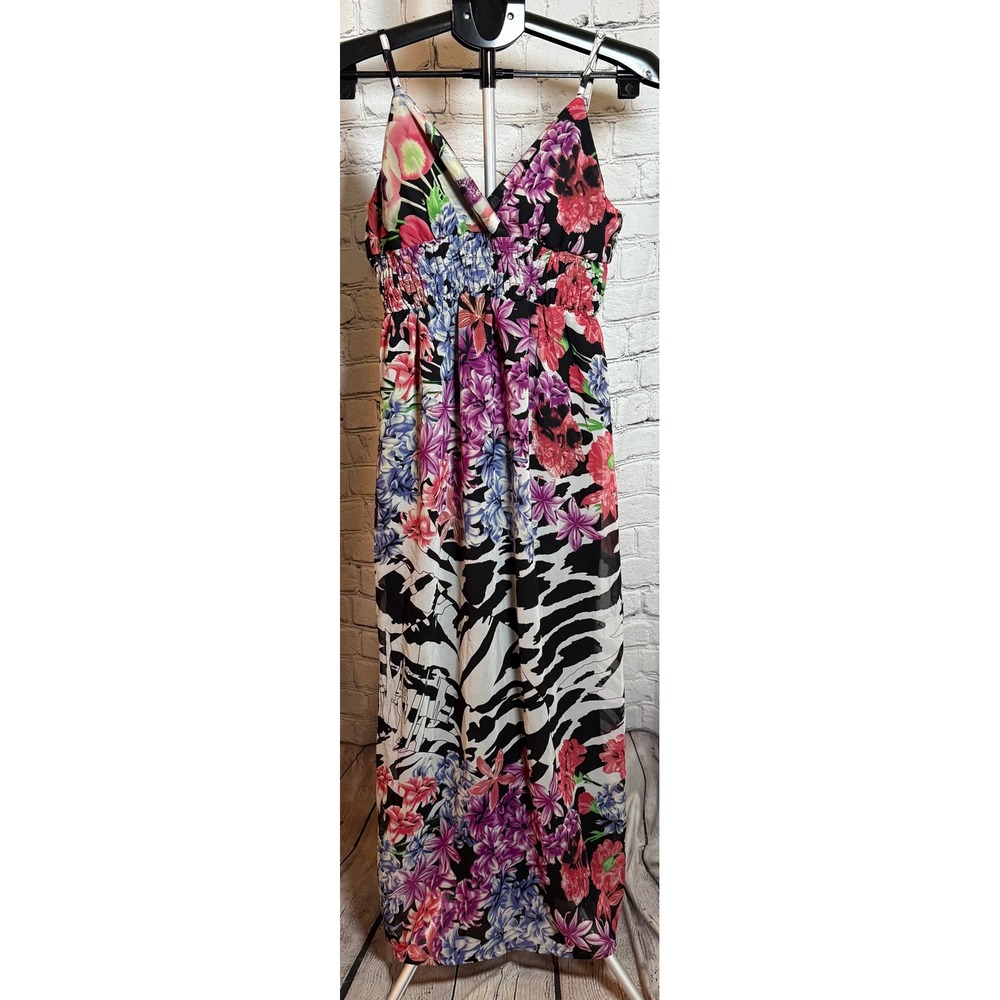 She's Cool Floral Zebra Print Maxi Dress Smocked Waist V-Neck Multicolor Medium